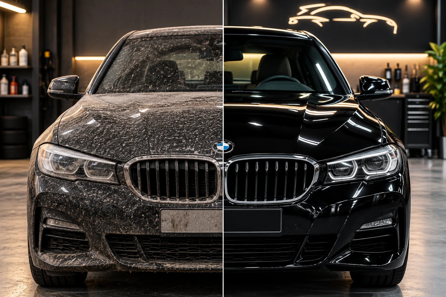 Before and after comparison of a car detail
