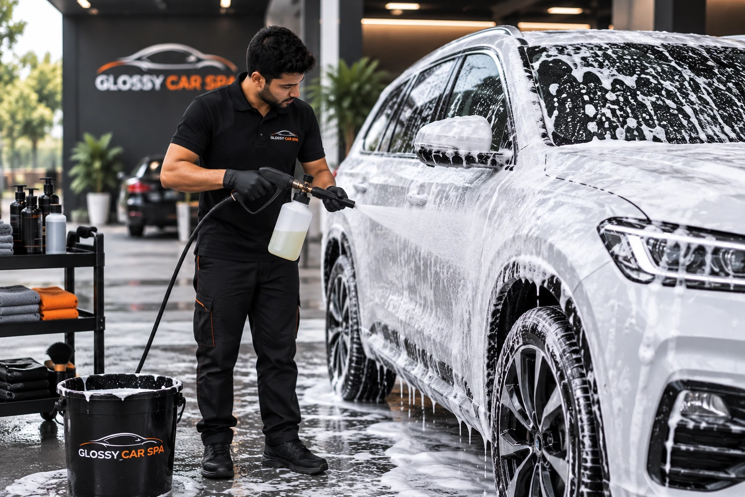 Thick foam covering a car during hand wash