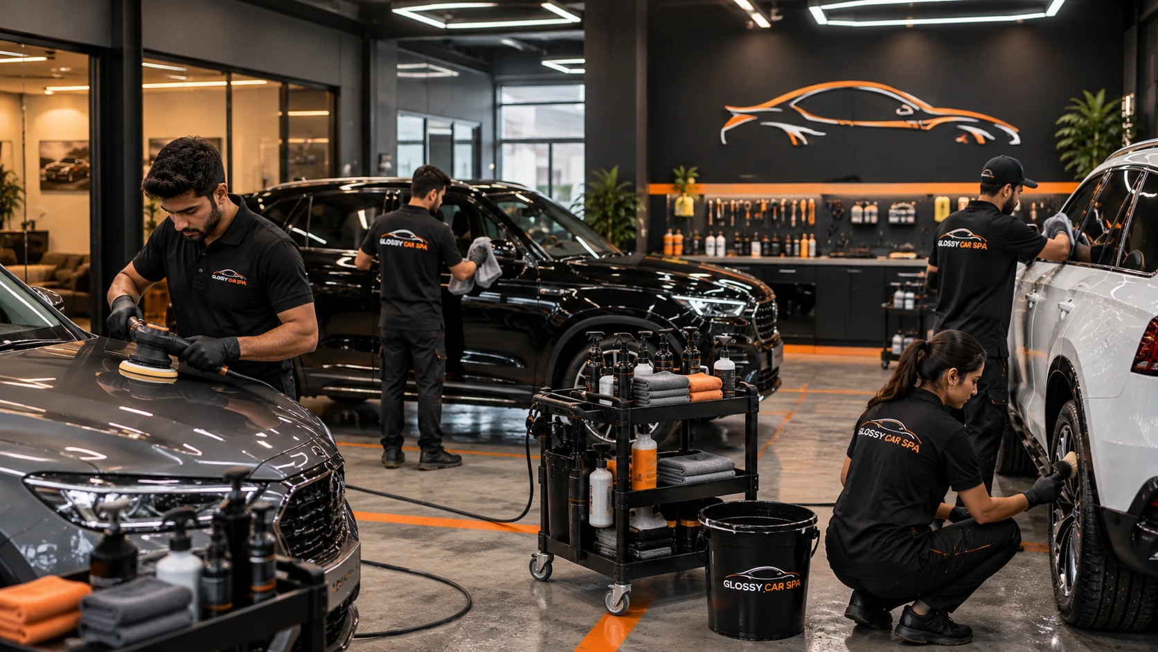 Glossy Car Wash team working on a customer's car